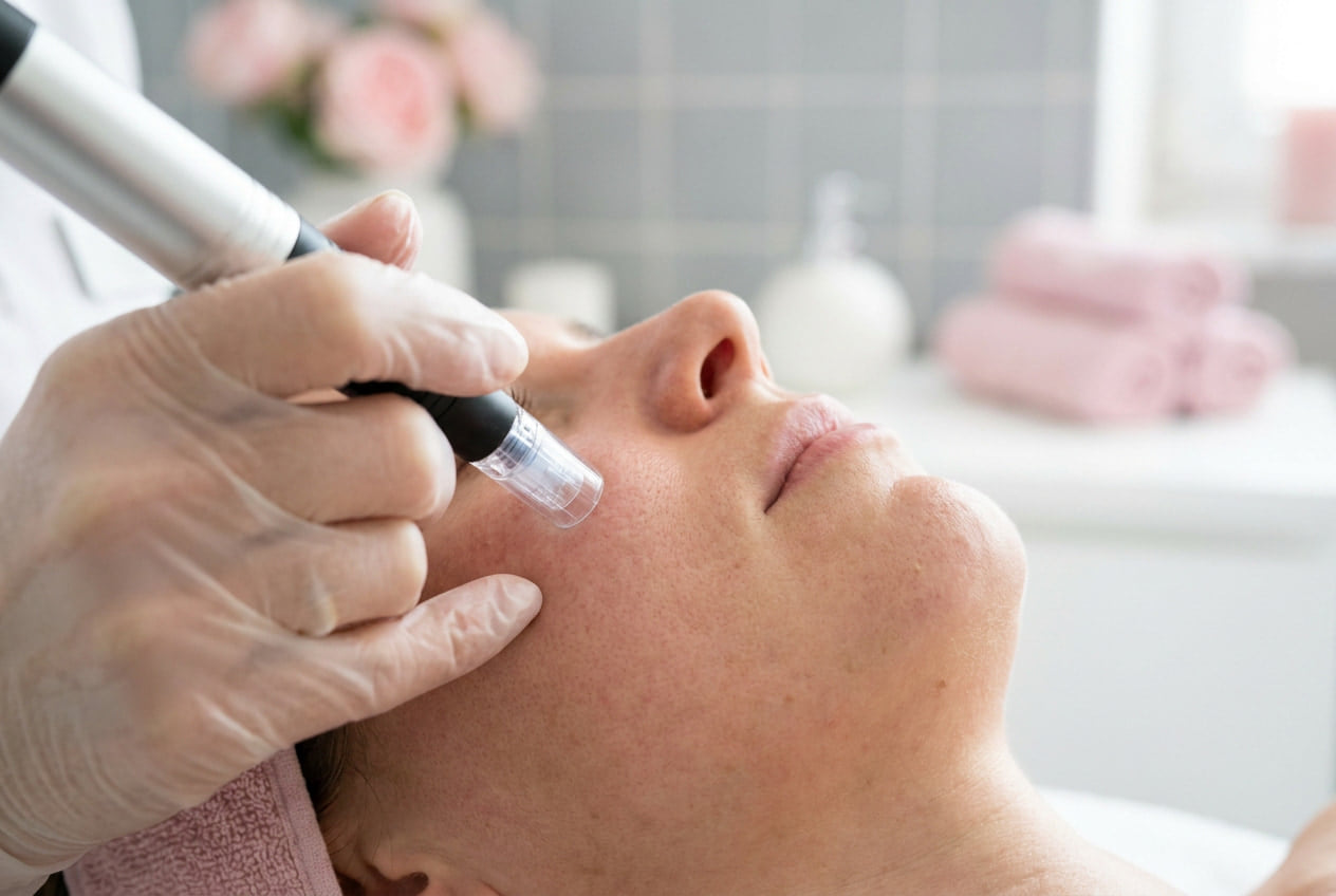 Microneedling-Behandlung im Gesicht mit feinen Nadeln